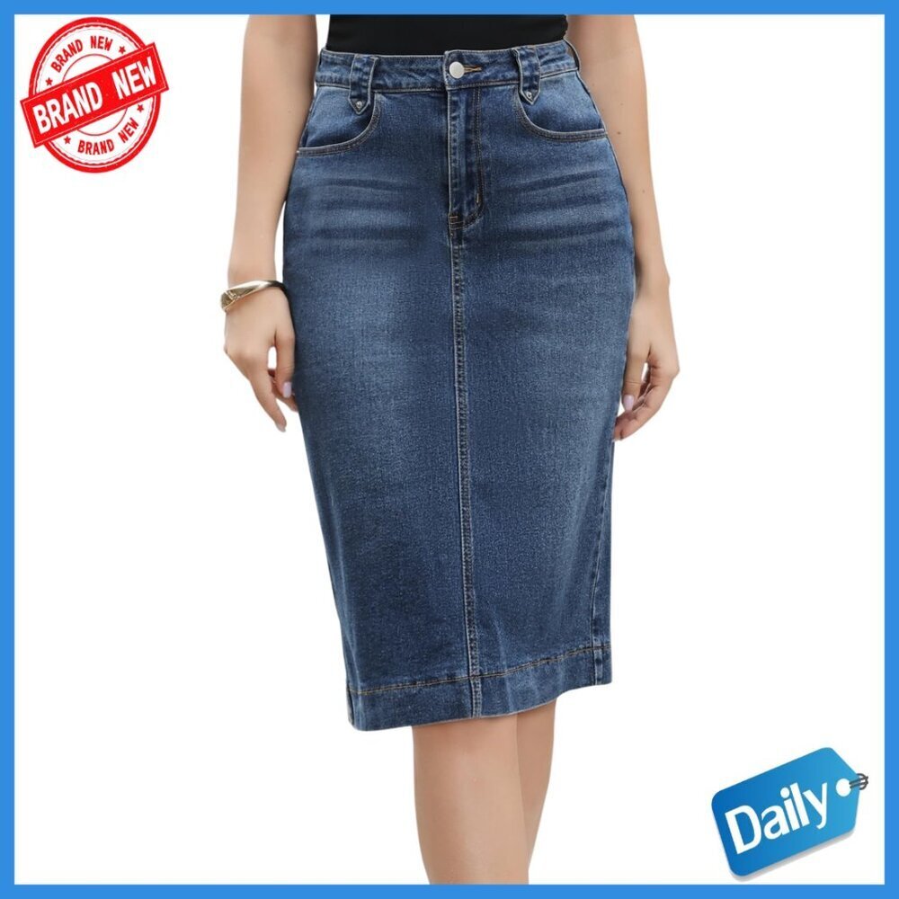 High Waist Denim Pencil Skirt Split Back Pockets Knee Length